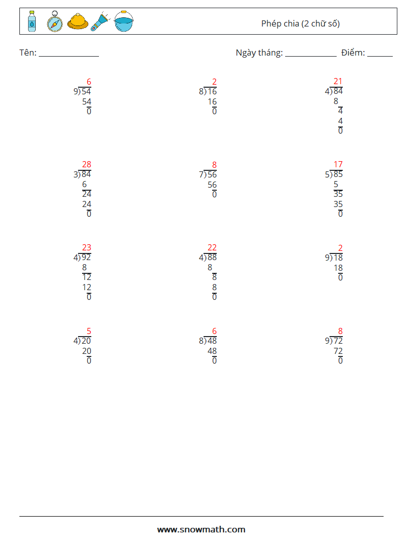 (12) Phép chia (2 chữ số) Bảng tính toán học 17 Câu hỏi, câu trả lời