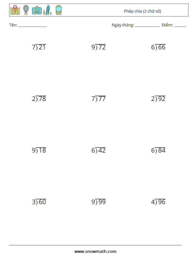 (12) Phép chia (2 chữ số) Bảng tính toán học 8