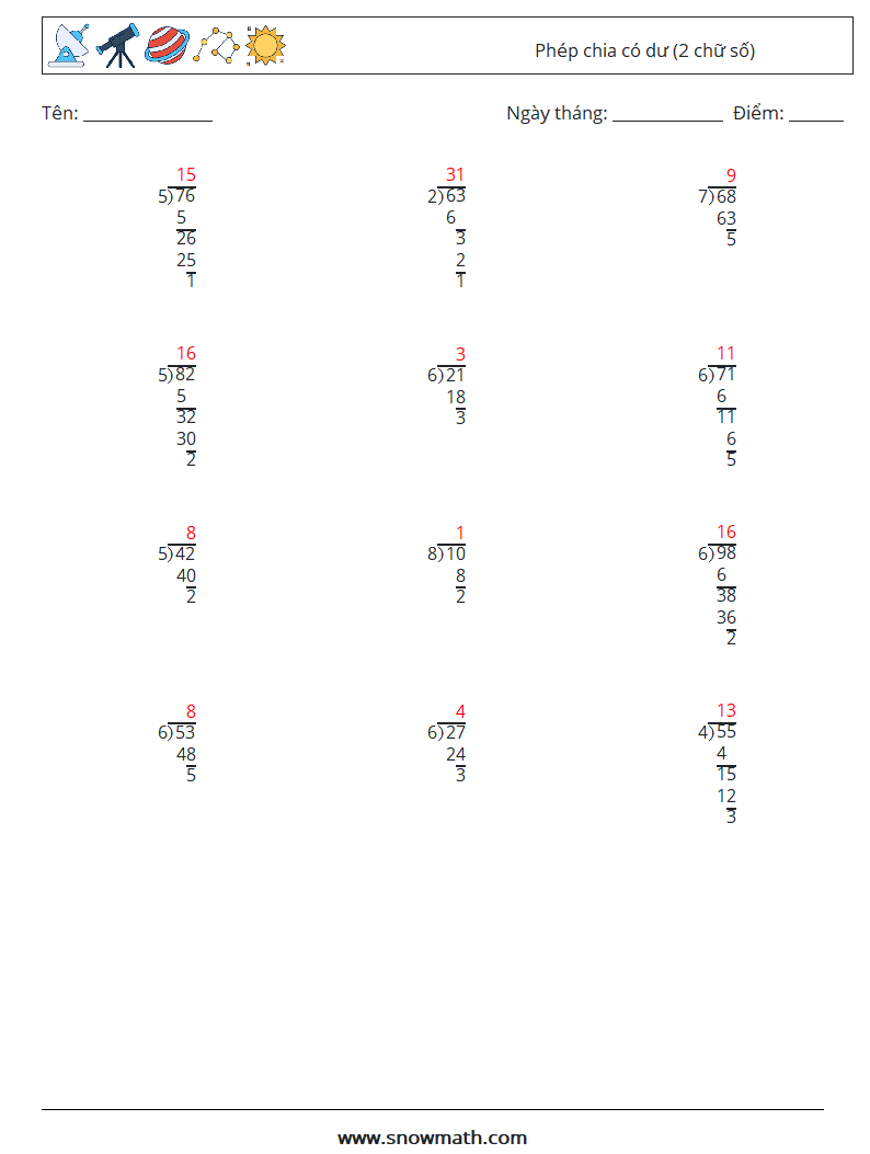 (12) Phép chia có dư (2 chữ số) Bảng tính toán học 10 Câu hỏi, câu trả lời