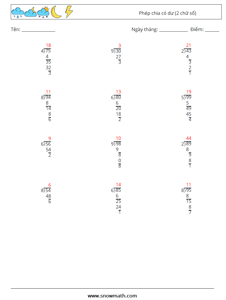(12) Phép chia có dư (2 chữ số) Bảng tính toán học 13 Câu hỏi, câu trả lời
