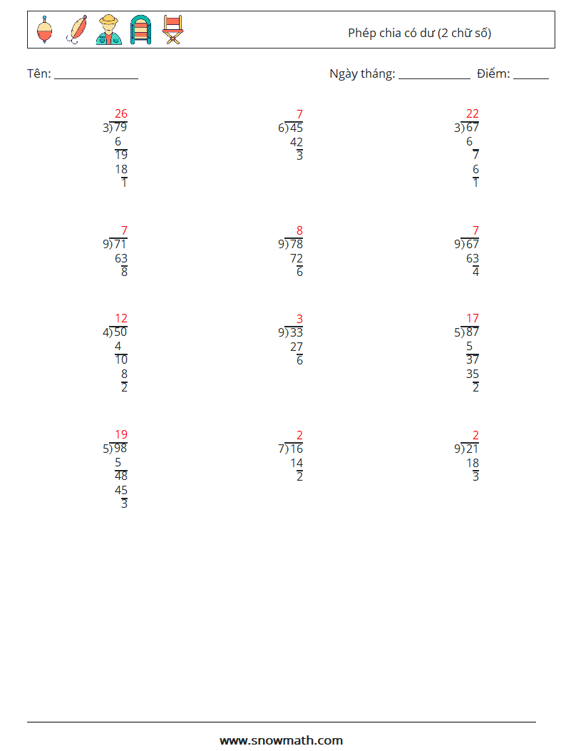 (12) Phép chia có dư (2 chữ số) Bảng tính toán học 2 Câu hỏi, câu trả lời