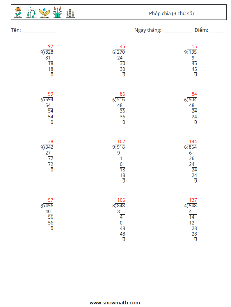 (12) Phép chia (3 chữ số) Bảng tính toán học 9 Câu hỏi, câu trả lời