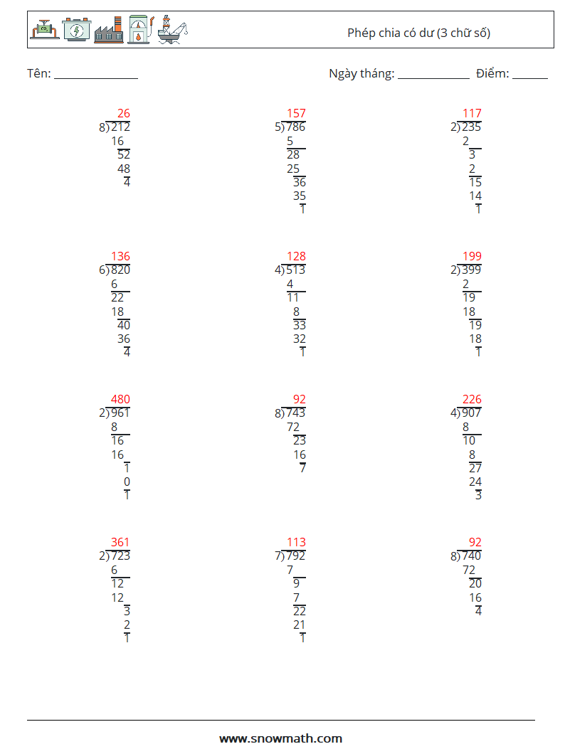 (12) Phép chia có dư (3 chữ số) Bảng tính toán học 14 Câu hỏi, câu trả lời