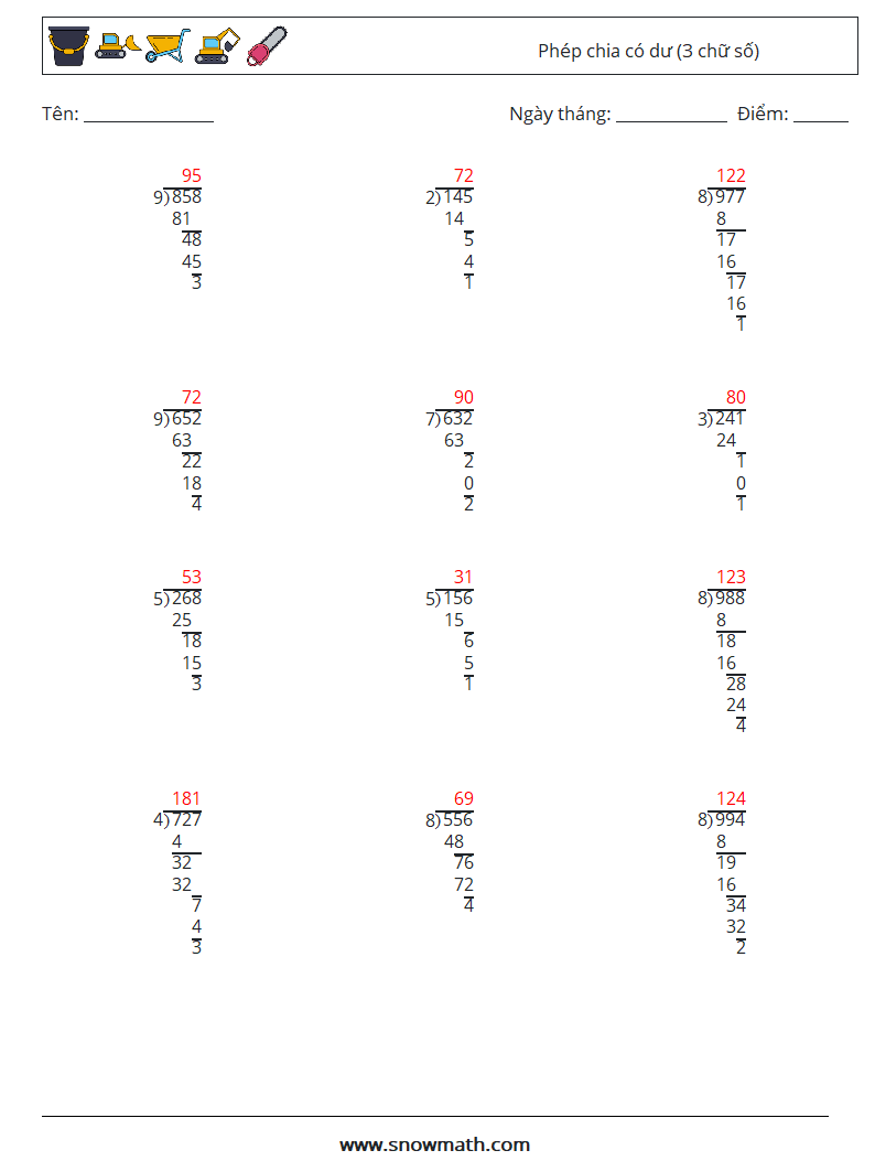 (12) Phép chia có dư (3 chữ số) Bảng tính toán học 1 Câu hỏi, câu trả lời