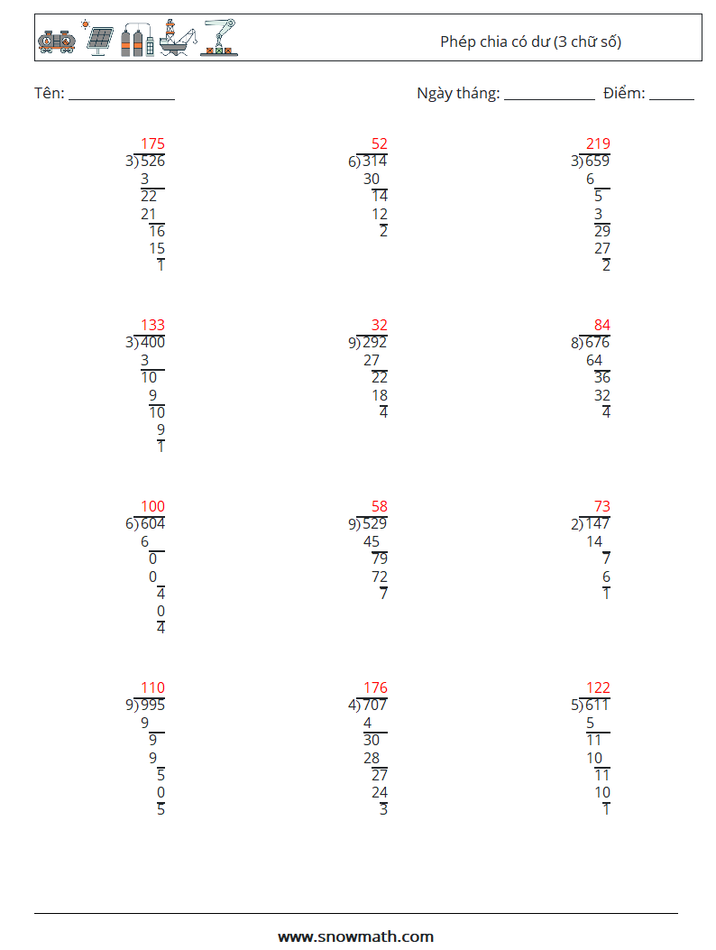 (12) Phép chia có dư (3 chữ số) Bảng tính toán học 8 Câu hỏi, câu trả lời