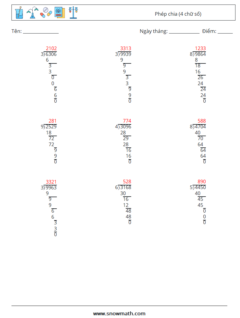 (9) Phép chia (4 chữ số) Bảng tính toán học 4 Câu hỏi, câu trả lời