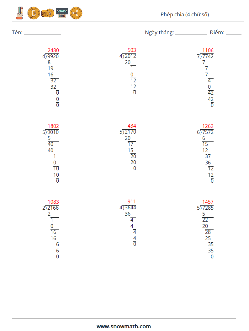 (9) Phép chia (4 chữ số) Bảng tính toán học 9 Câu hỏi, câu trả lời