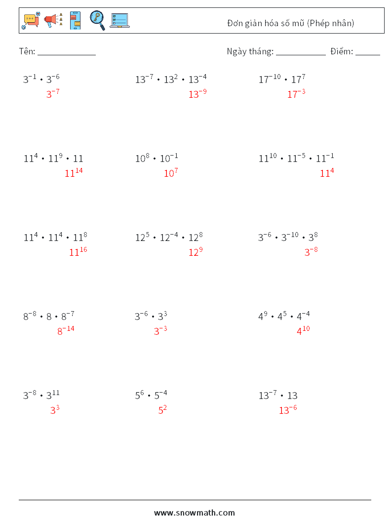Đơn giản hóa số mũ (Phép nhân) Bảng tính toán học 2 Câu hỏi, câu trả lời