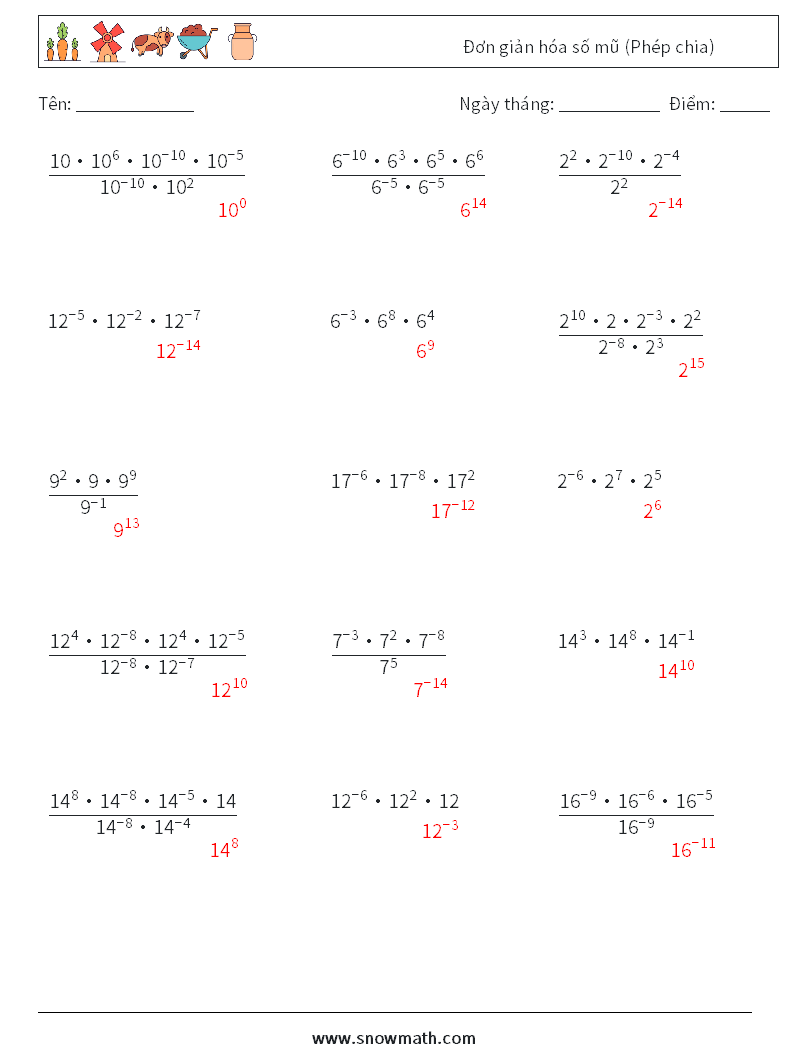 Đơn giản hóa số mũ (Phép chia) Bảng tính toán học 1 Câu hỏi, câu trả lời