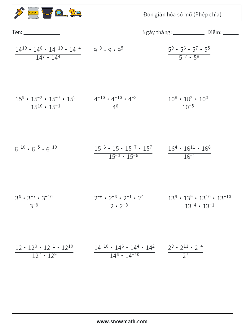 Đơn giản hóa số mũ (Phép chia) Bảng tính toán học 2