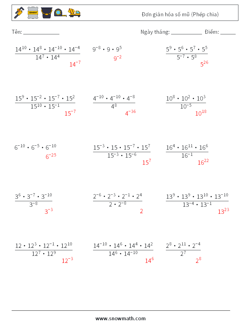 Đơn giản hóa số mũ (Phép chia) Bảng tính toán học 2 Câu hỏi, câu trả lời