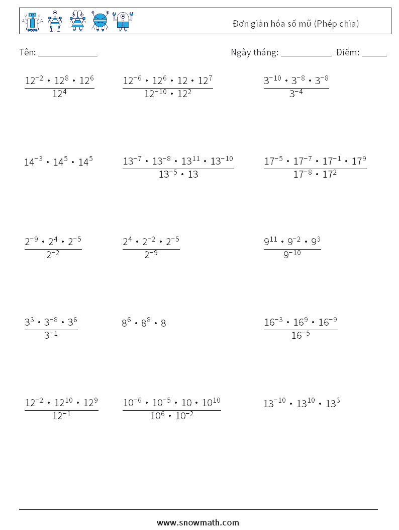 Đơn giản hóa số mũ (Phép chia) Bảng tính toán học 3