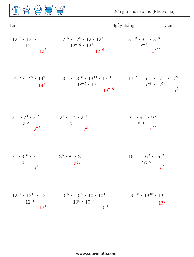 Đơn giản hóa số mũ (Phép chia) Bảng tính toán học 3 Câu hỏi, câu trả lời