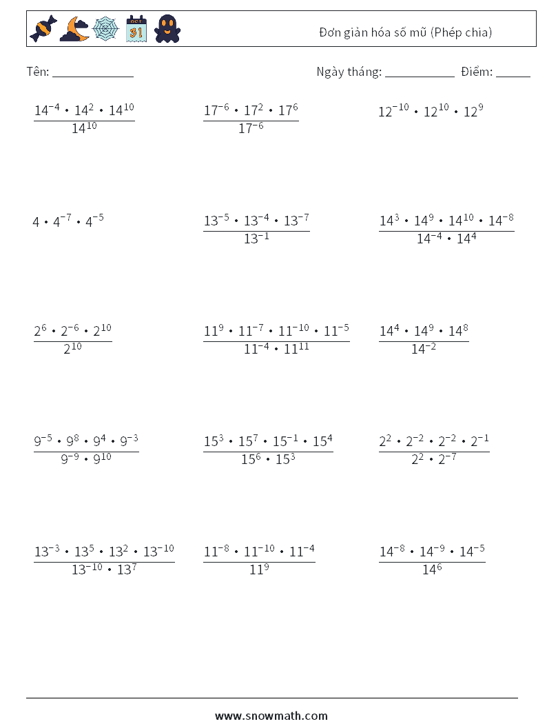 Đơn giản hóa số mũ (Phép chia) Bảng tính toán học 4