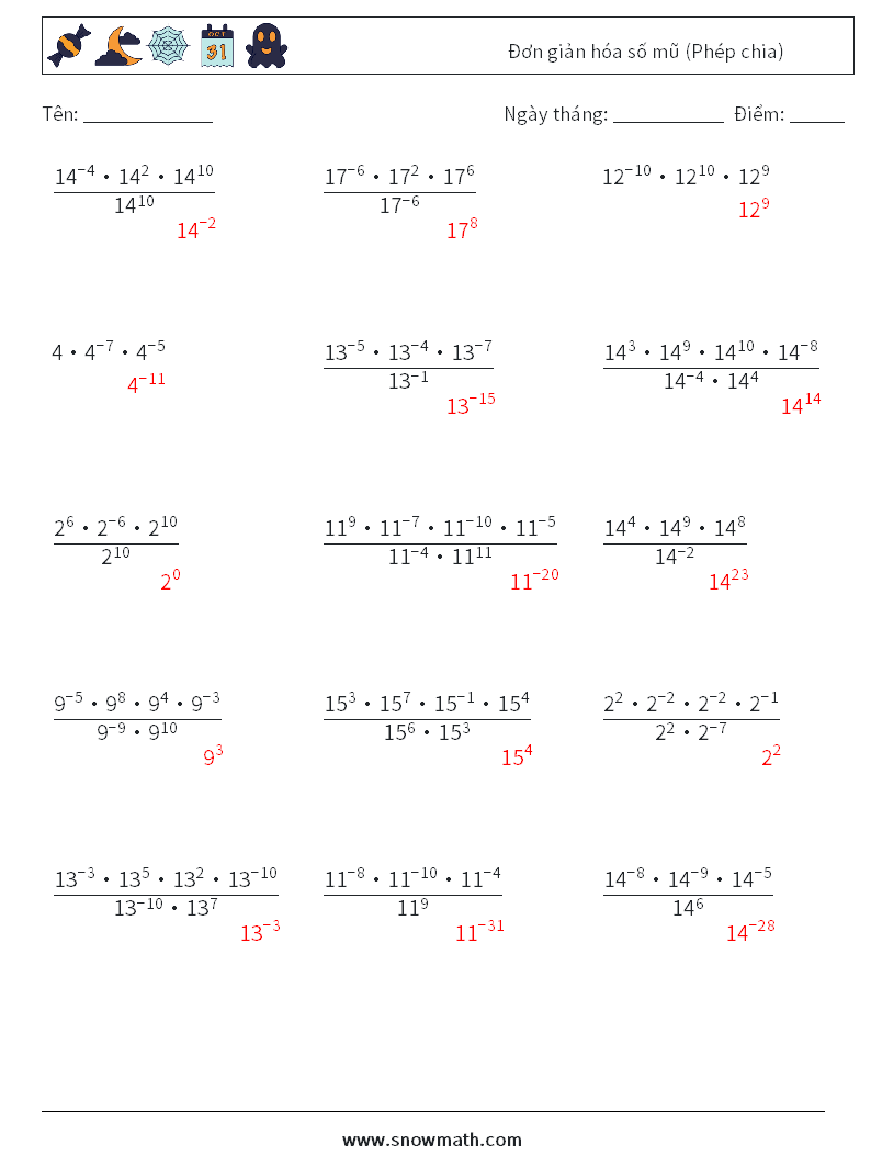 Đơn giản hóa số mũ (Phép chia) Bảng tính toán học 4 Câu hỏi, câu trả lời