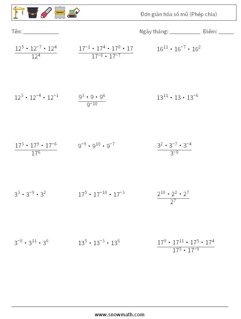 Đơn giản hóa số mũ (Phép chia) Bảng tính toán học 5
