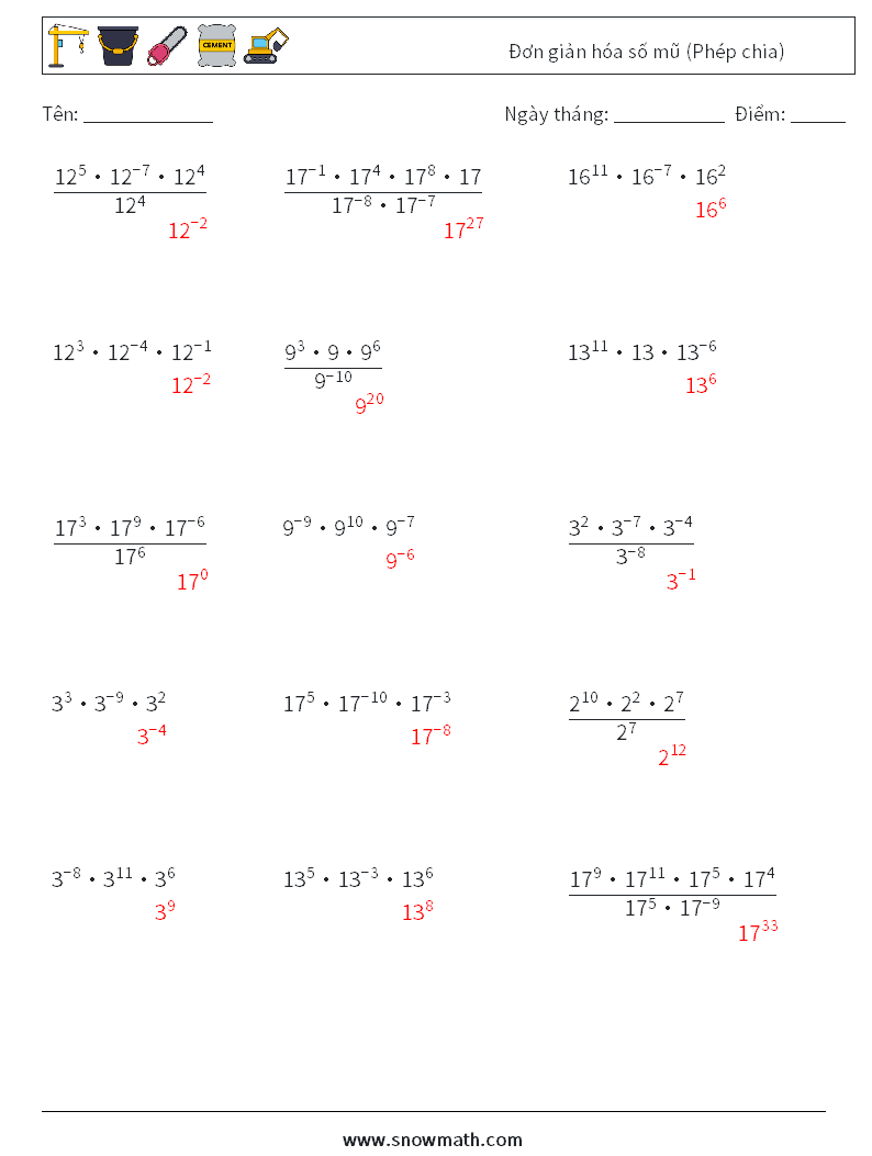Đơn giản hóa số mũ (Phép chia) Bảng tính toán học 5 Câu hỏi, câu trả lời