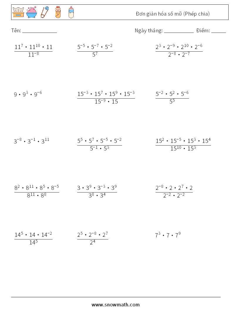 Đơn giản hóa số mũ (Phép chia) Bảng tính toán học 6
