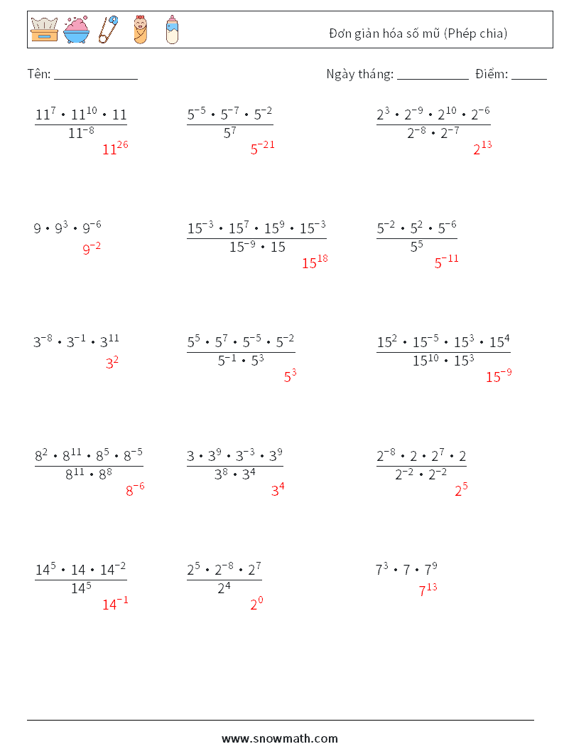 Đơn giản hóa số mũ (Phép chia) Bảng tính toán học 6 Câu hỏi, câu trả lời