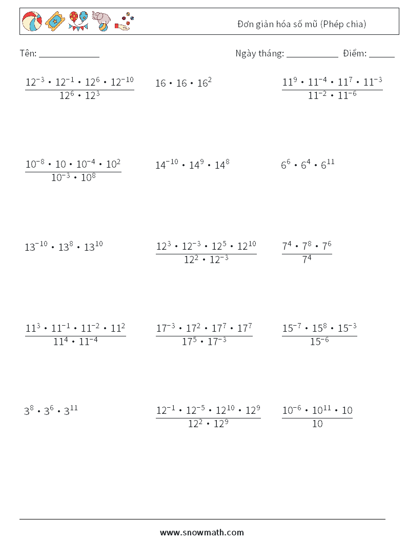 Đơn giản hóa số mũ (Phép chia) Bảng tính toán học 7