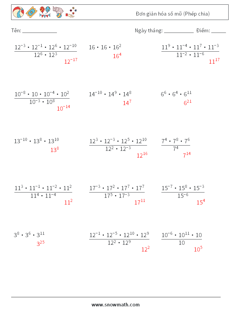 Đơn giản hóa số mũ (Phép chia) Bảng tính toán học 7 Câu hỏi, câu trả lời