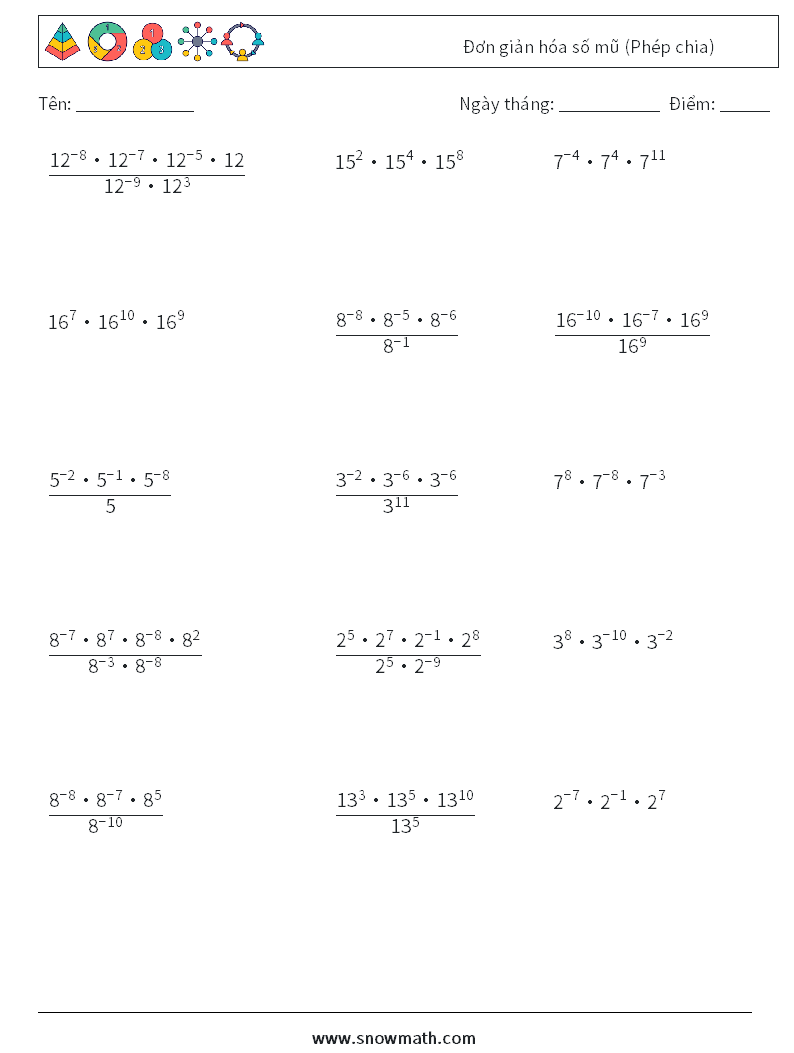 Đơn giản hóa số mũ (Phép chia) Bảng tính toán học 8