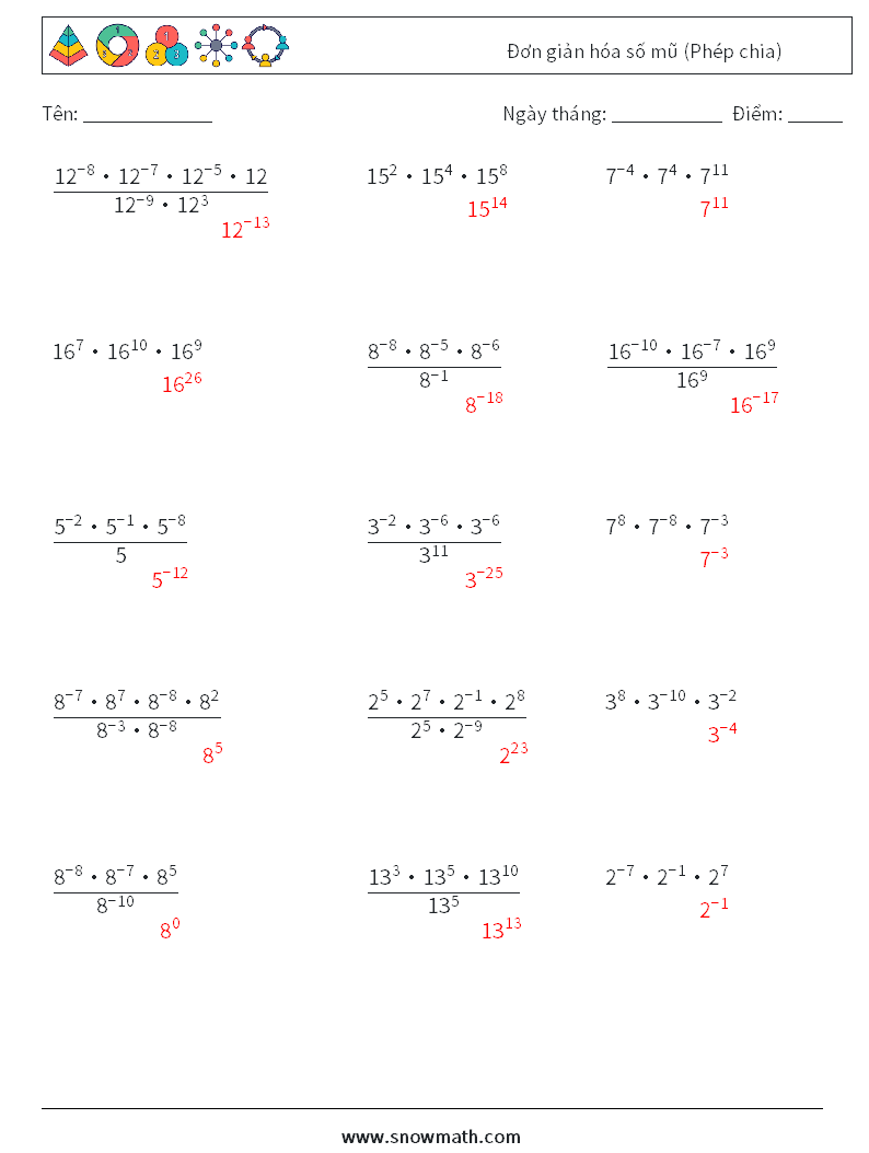 Đơn giản hóa số mũ (Phép chia) Bảng tính toán học 8 Câu hỏi, câu trả lời