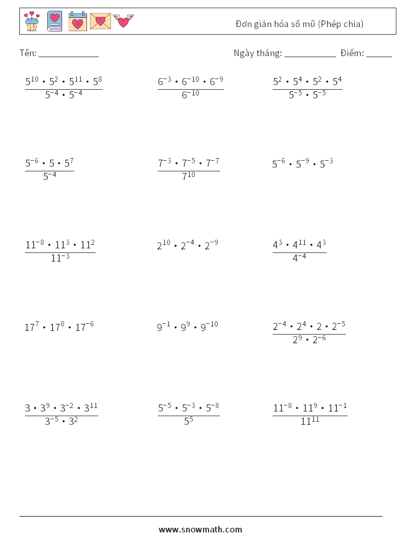 Đơn giản hóa số mũ (Phép chia) Bảng tính toán học 9