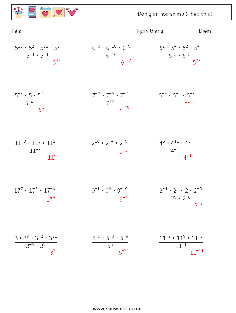 Đơn giản hóa số mũ (Phép chia) Bảng tính toán học 9 Câu hỏi, câu trả lời