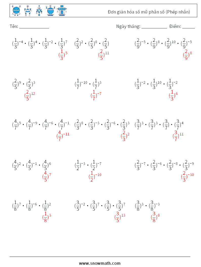 Đơn giản hóa số mũ phân số (Phép nhân) Bảng tính toán học 1 Câu hỏi, câu trả lời