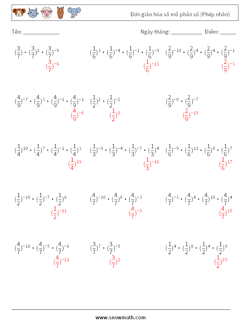 Đơn giản hóa số mũ phân số (Phép nhân) Bảng tính toán học 2 Câu hỏi, câu trả lời