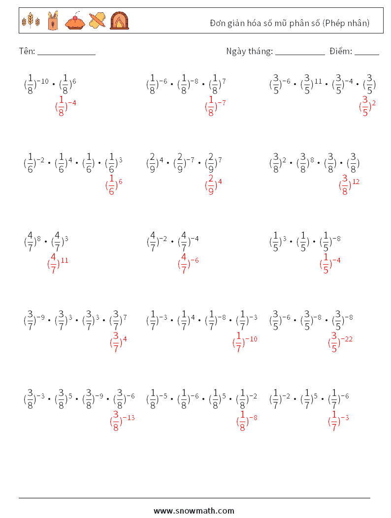 Đơn giản hóa số mũ phân số (Phép nhân) Bảng tính toán học 3 Câu hỏi, câu trả lời