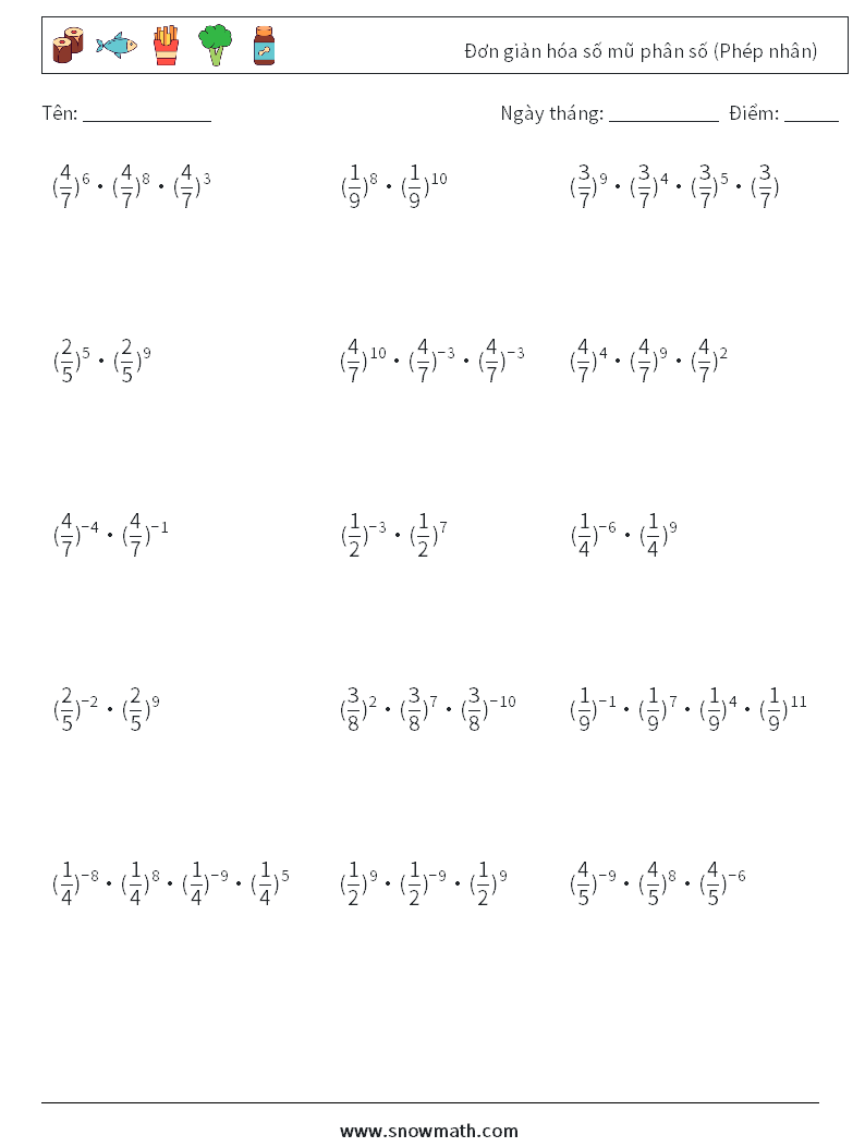 Đơn giản hóa số mũ phân số (Phép nhân) Bảng tính toán học 4