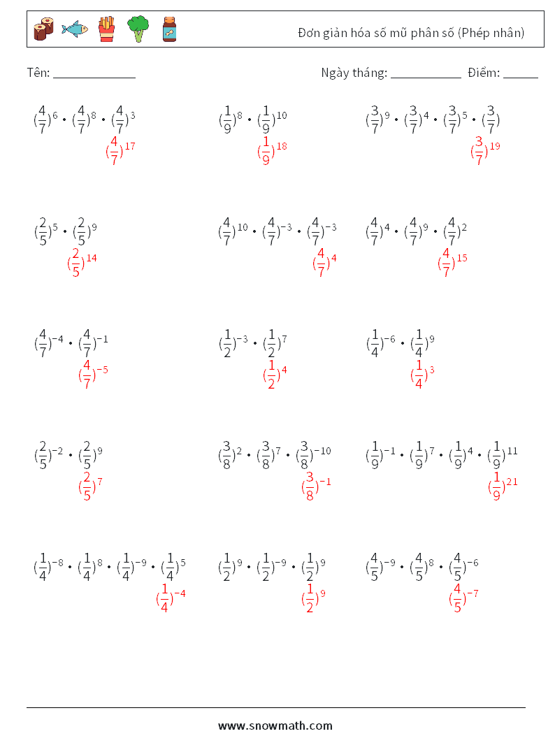 Đơn giản hóa số mũ phân số (Phép nhân) Bảng tính toán học 4 Câu hỏi, câu trả lời
