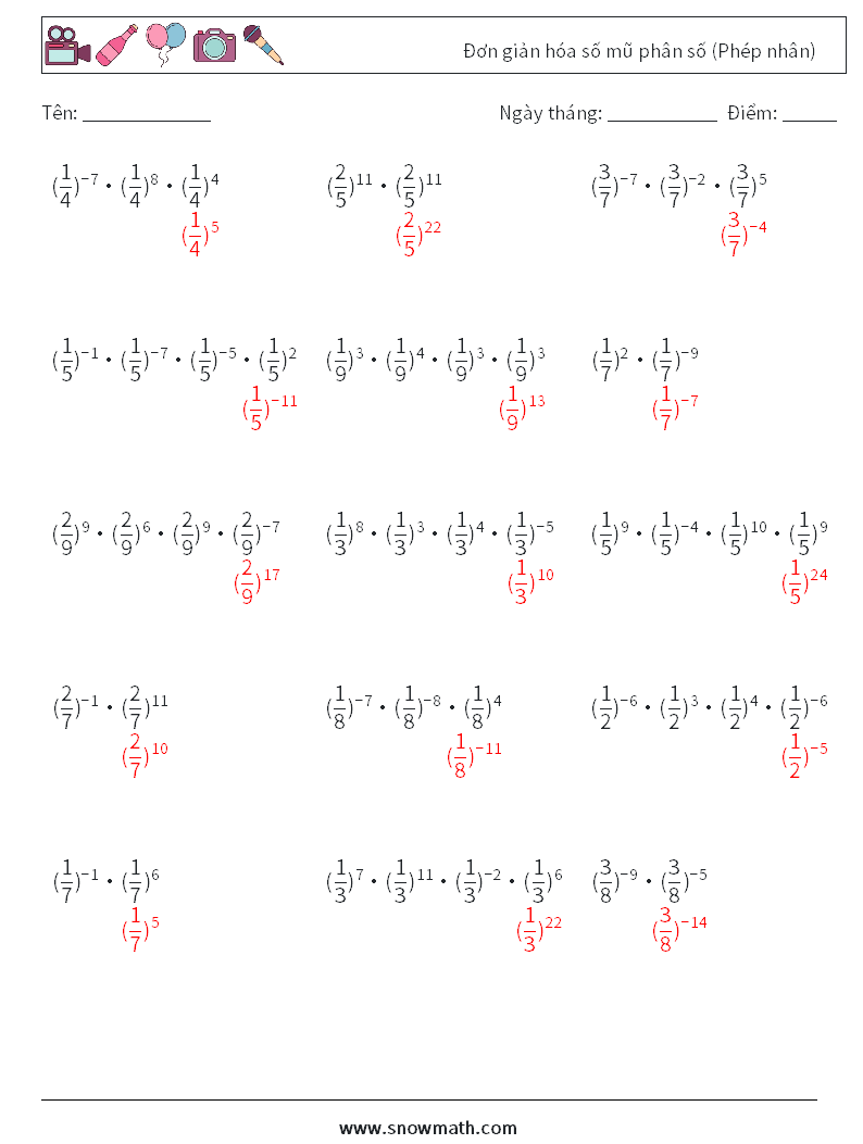 Đơn giản hóa số mũ phân số (Phép nhân) Bảng tính toán học 8 Câu hỏi, câu trả lời