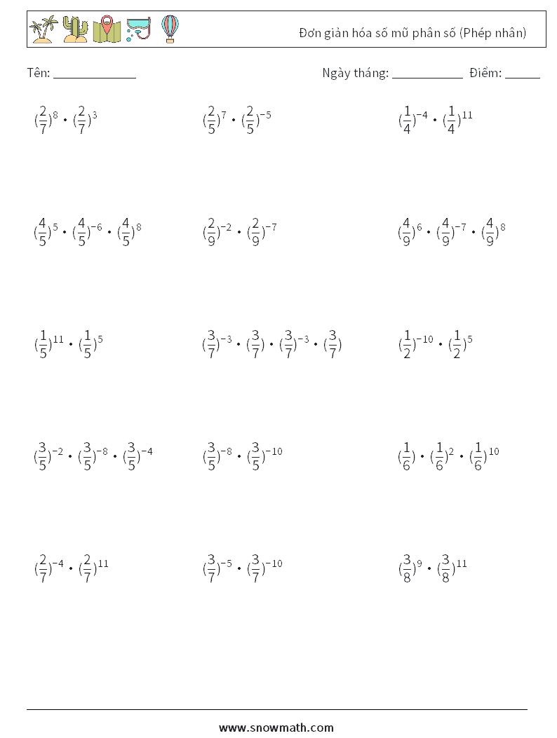 Đơn giản hóa số mũ phân số (Phép nhân) Bảng tính toán học 9