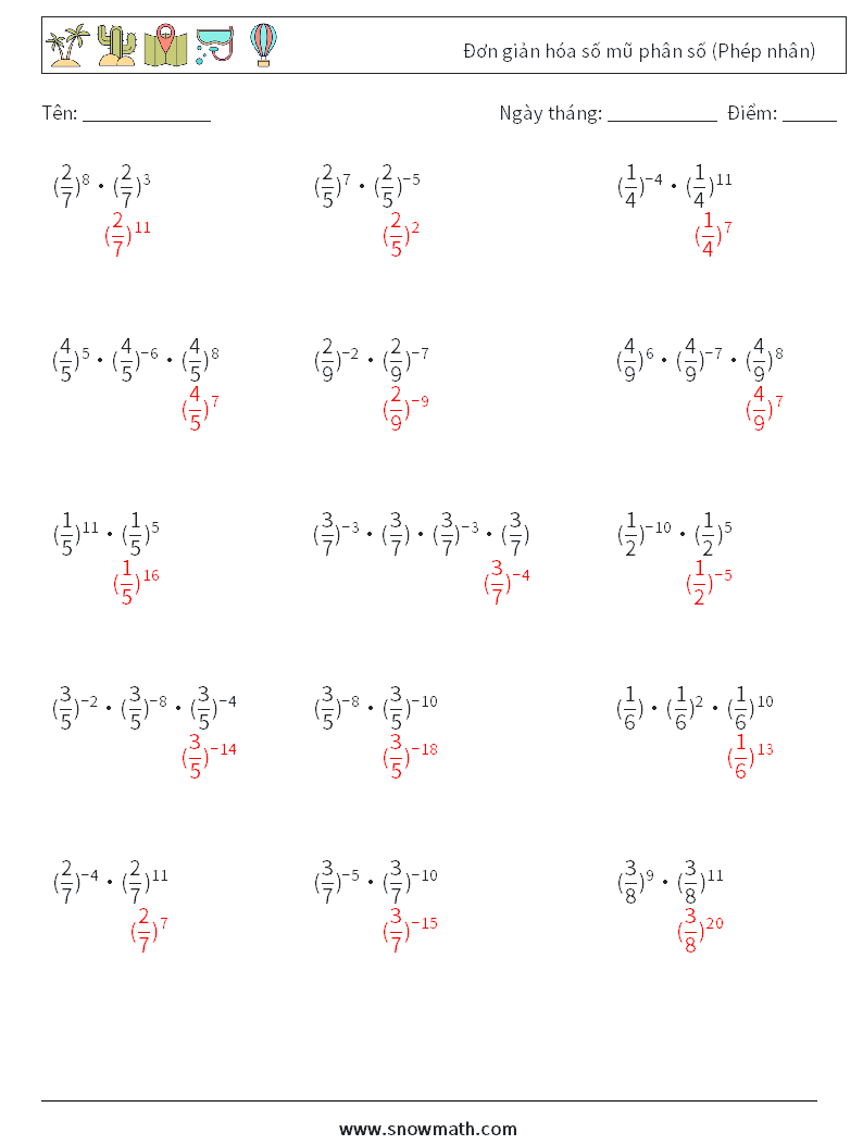 Đơn giản hóa số mũ phân số (Phép nhân) Bảng tính toán học 9 Câu hỏi, câu trả lời