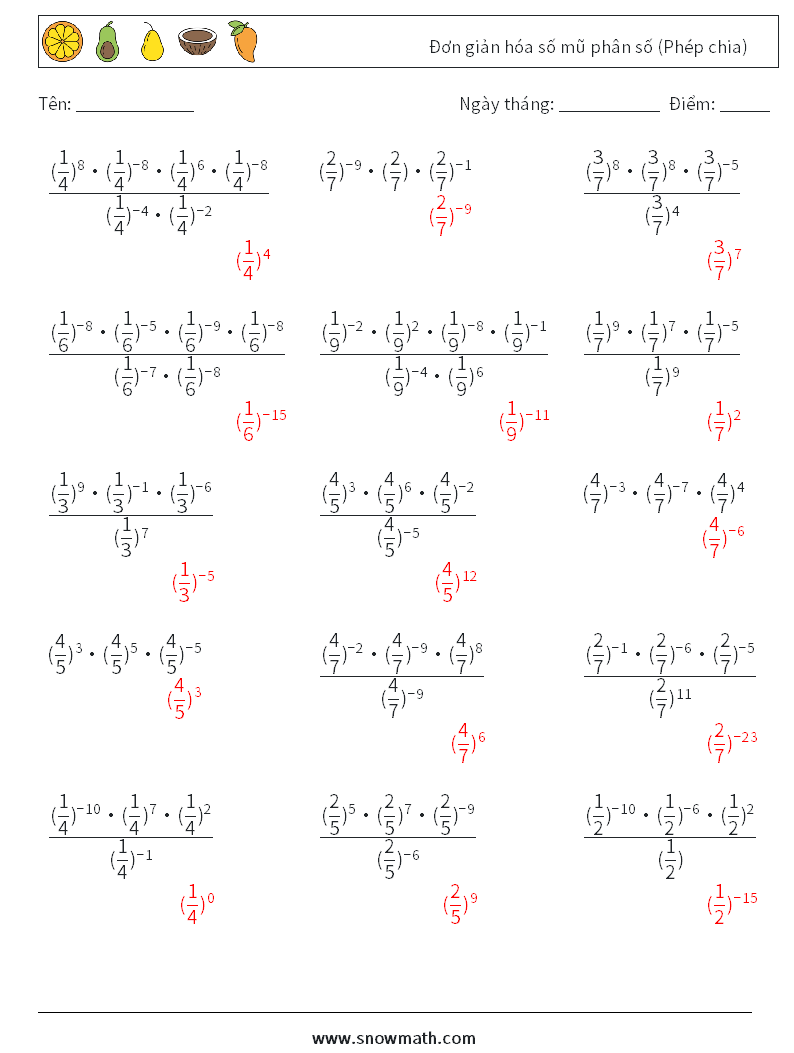Đơn giản hóa số mũ phân số (Phép chia) Bảng tính toán học 1 Câu hỏi, câu trả lời