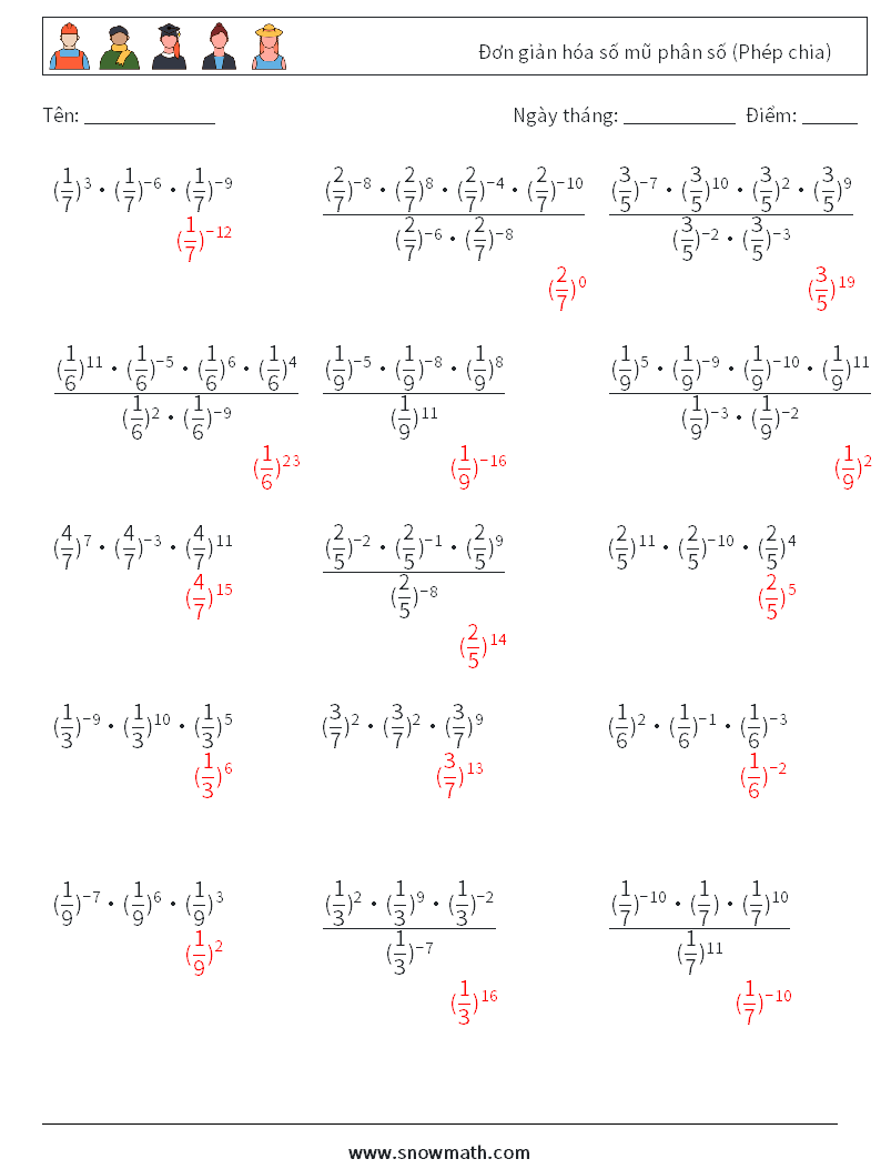 Đơn giản hóa số mũ phân số (Phép chia) Bảng tính toán học 2 Câu hỏi, câu trả lời