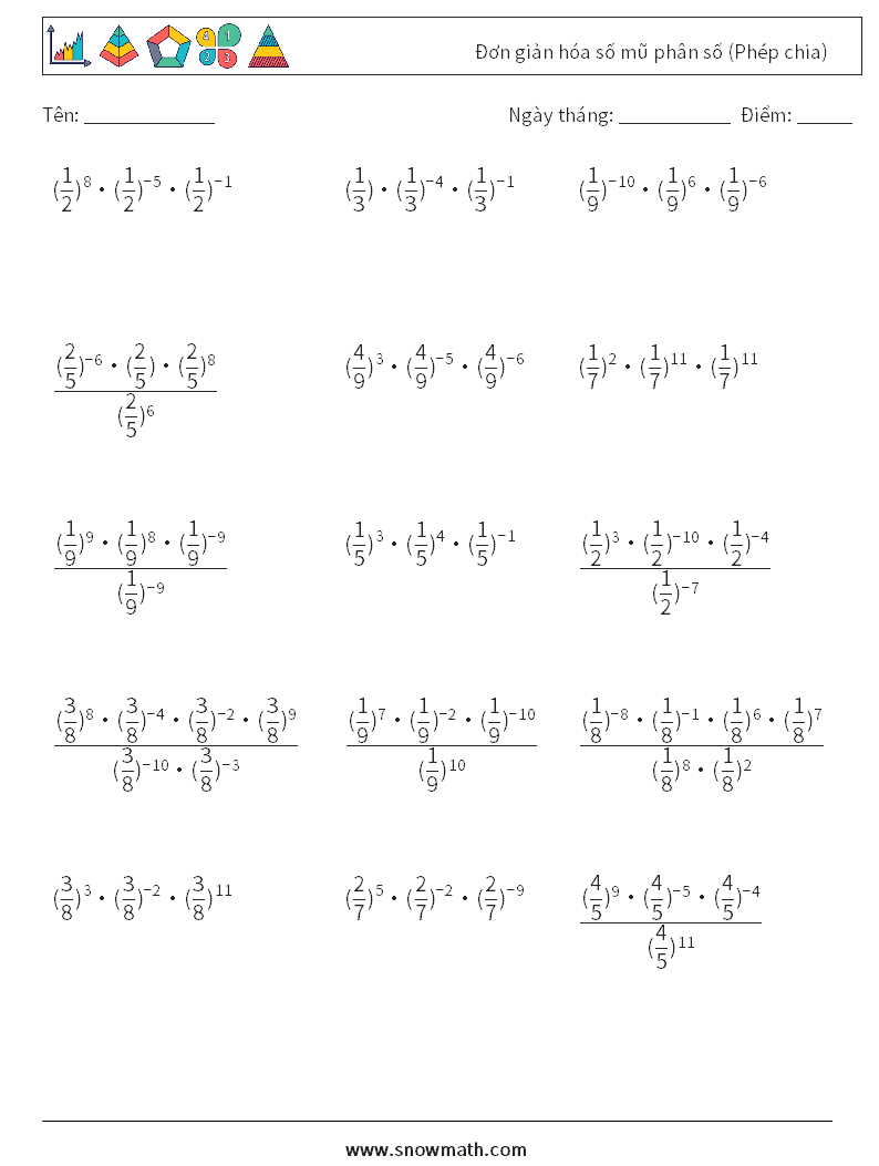 Đơn giản hóa số mũ phân số (Phép chia) Bảng tính toán học 3