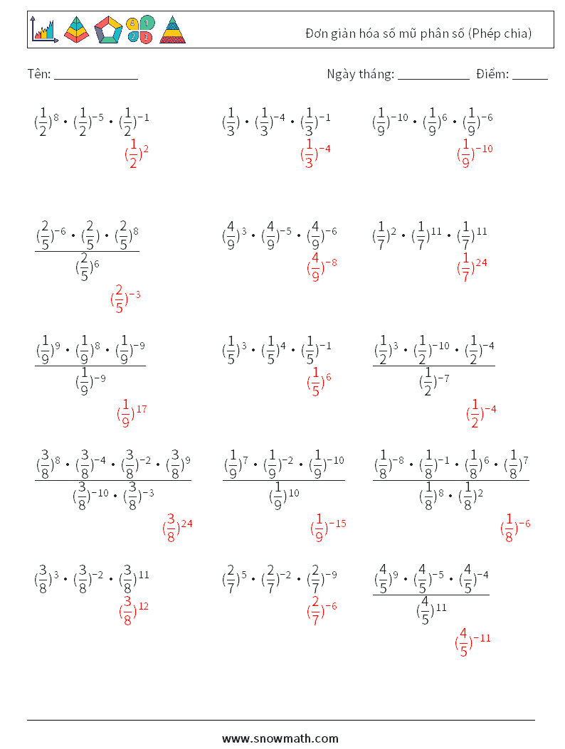 Đơn giản hóa số mũ phân số (Phép chia) Bảng tính toán học 3 Câu hỏi, câu trả lời