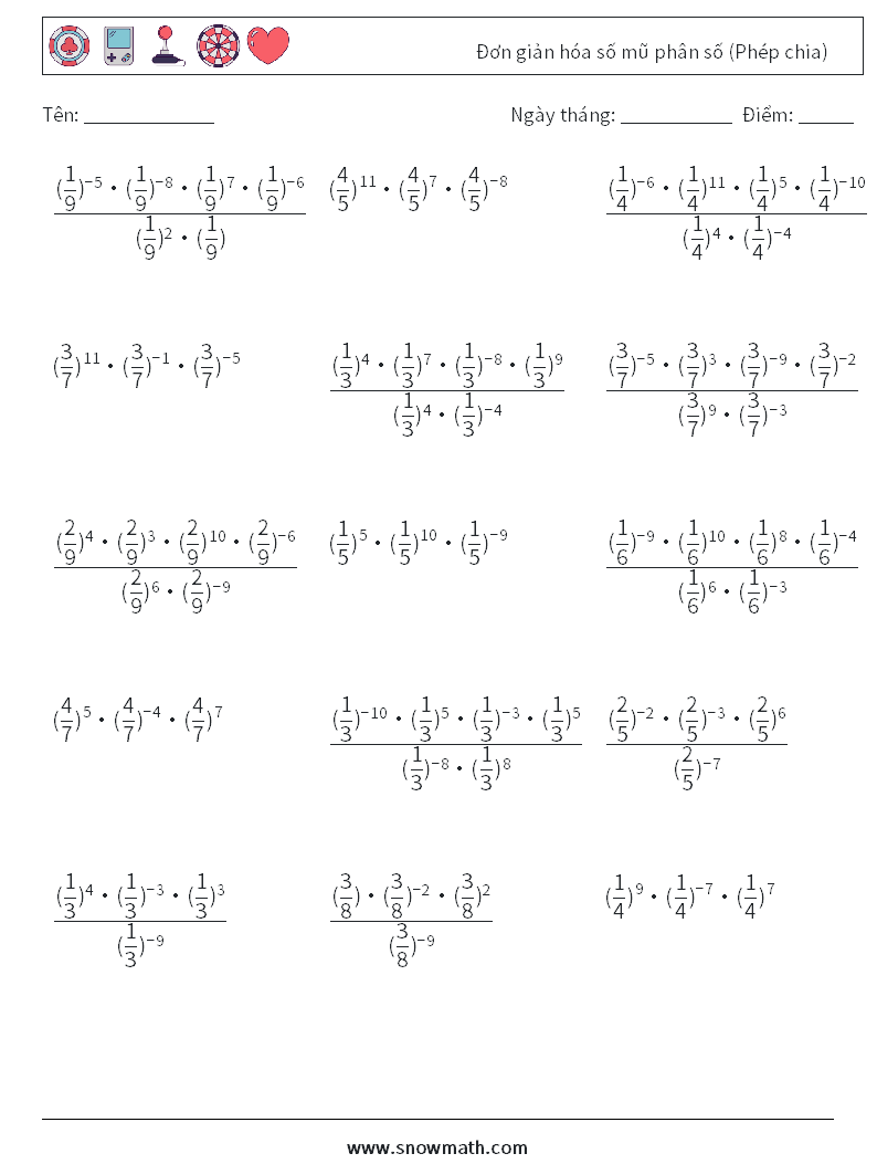 Đơn giản hóa số mũ phân số (Phép chia) Bảng tính toán học 5