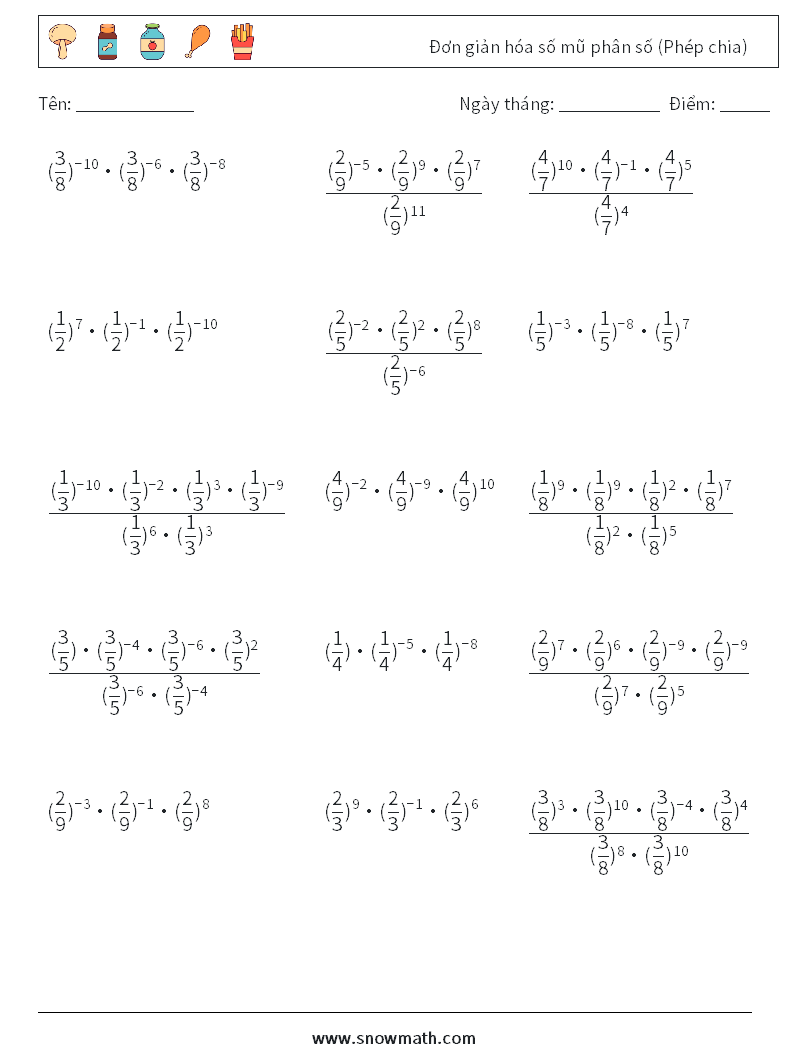 Đơn giản hóa số mũ phân số (Phép chia) Bảng tính toán học 6