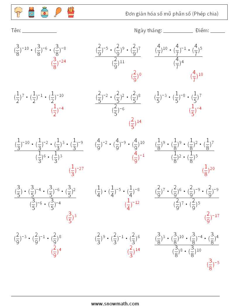 Đơn giản hóa số mũ phân số (Phép chia) Bảng tính toán học 6 Câu hỏi, câu trả lời