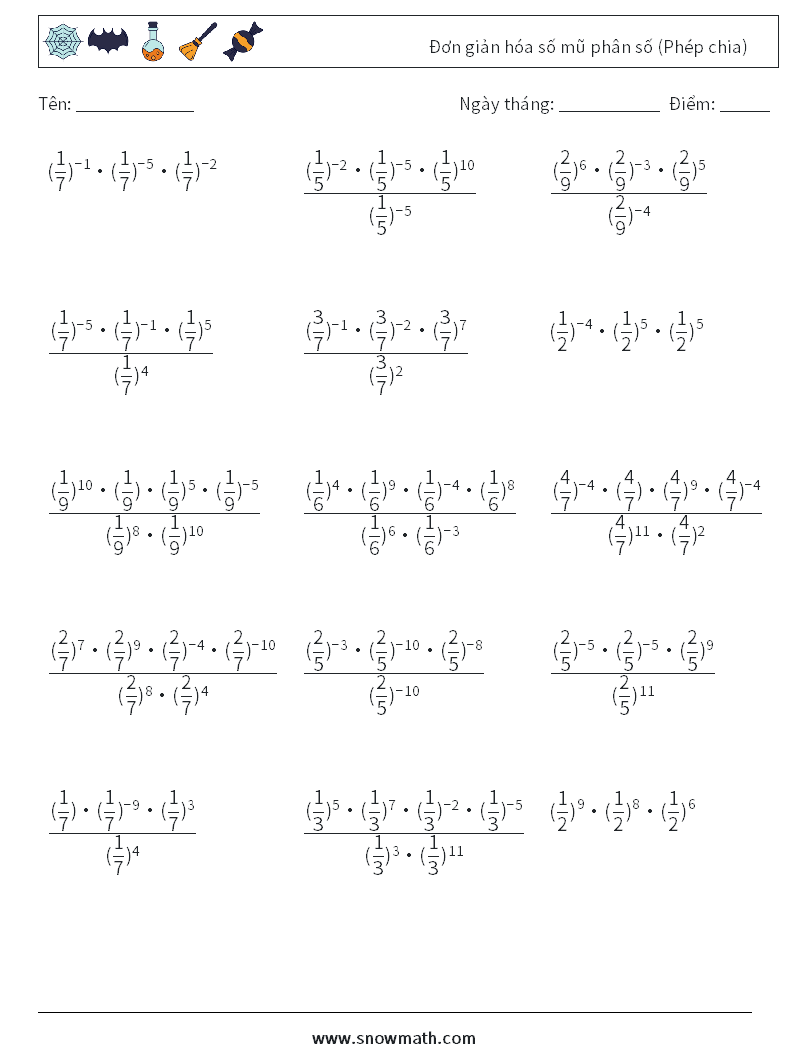 Đơn giản hóa số mũ phân số (Phép chia) Bảng tính toán học 7