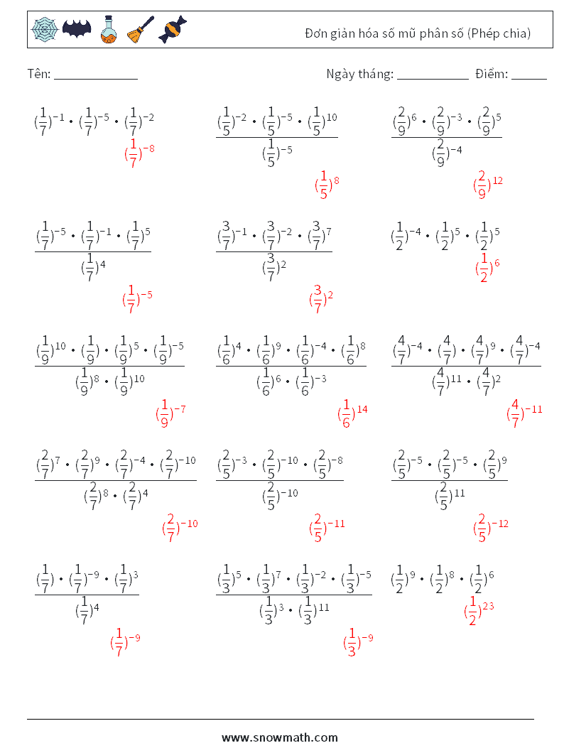 Đơn giản hóa số mũ phân số (Phép chia) Bảng tính toán học 7 Câu hỏi, câu trả lời