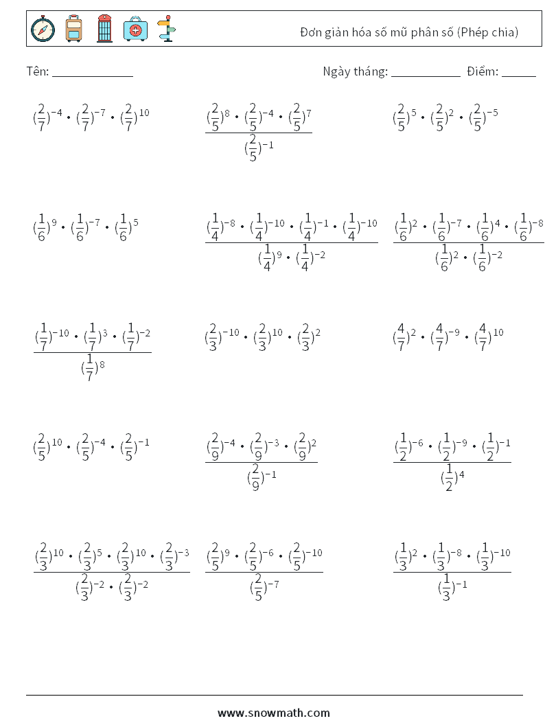 Đơn giản hóa số mũ phân số (Phép chia) Bảng tính toán học 9