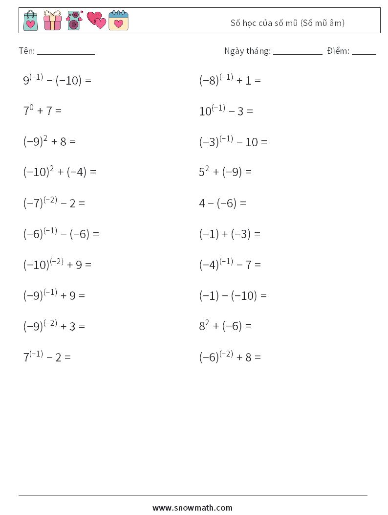  Số học của số mũ (Số mũ âm) Bảng tính toán học 2