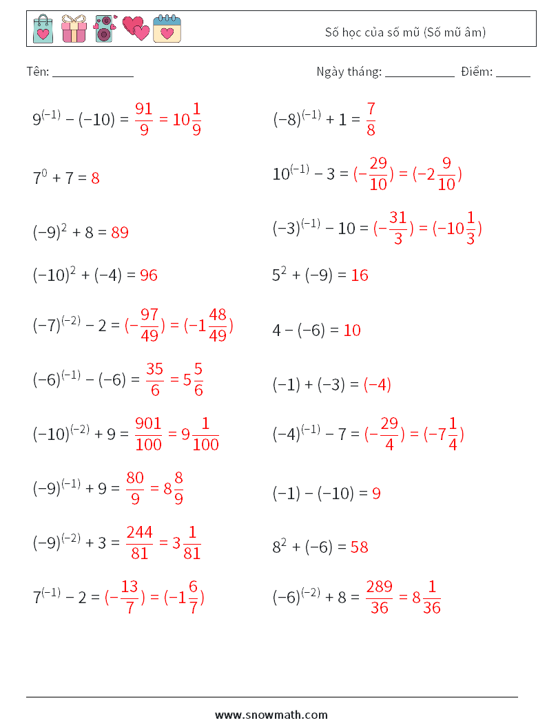 Số học của số mũ (Số mũ âm) Bảng tính toán học 2 Câu hỏi, câu trả lời