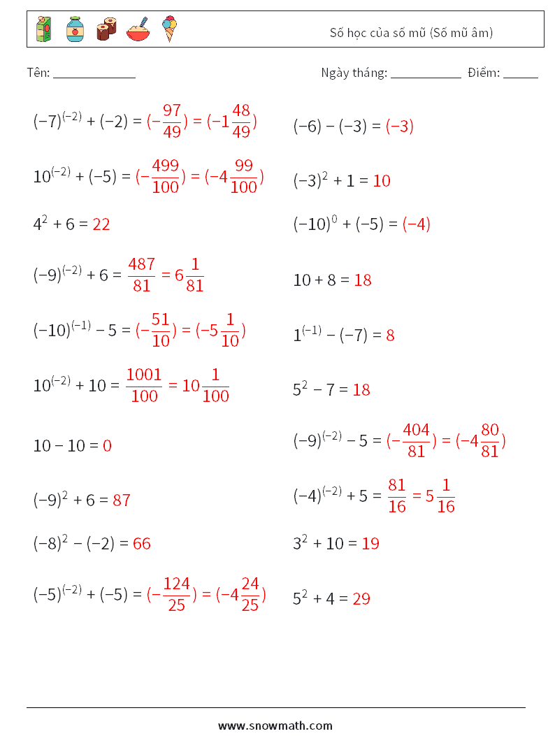  Số học của số mũ (Số mũ âm) Bảng tính toán học 3 Câu hỏi, câu trả lời